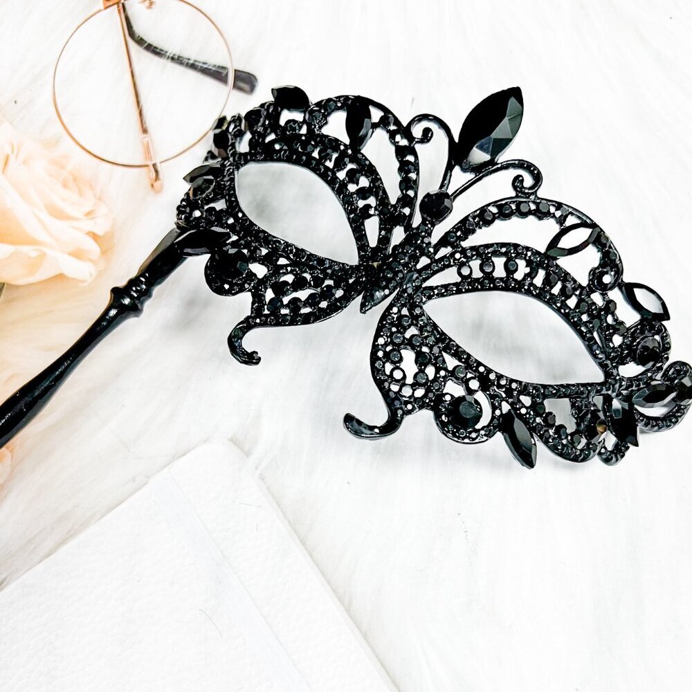 Butterfly Mask with Stick, Masquerade Ball Mask, Black Crystal Masquerade Mask - Picture 4 of 8